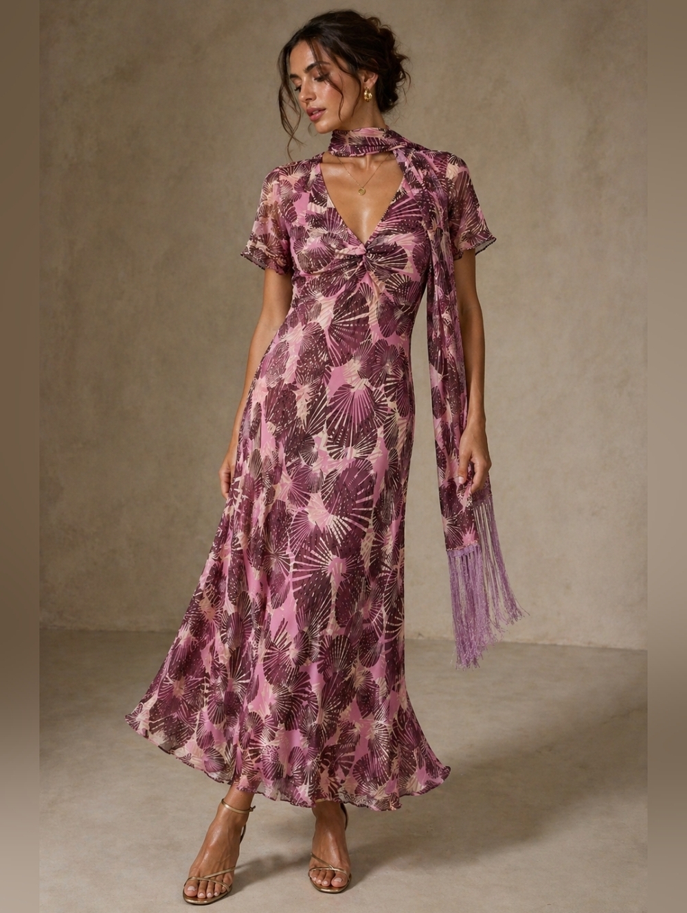 Vintage Burnout Velvet Silk Blend Bias Cut Midi Dress and Scarf Pink Brown